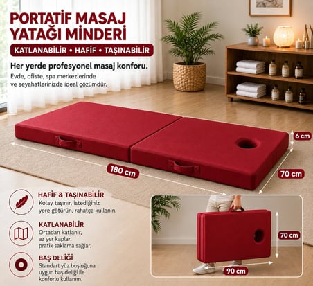 Masaj Yatağı Portatif Katlanabilir Masaj Yatağı Minderi 6 cm Sünger  180x70 cm