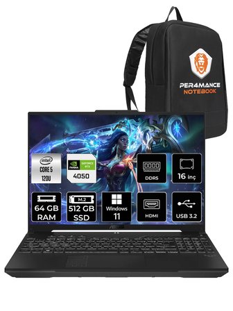 ASUS TUF Gaming F16 Core 5 210H 64GB 512GB SSD RTX4050/6GB 140W WUXGA 16" W11H LP029 & PER4 ÇANTA