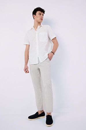 DeFacto %100 Pamuk Regular Fit Yazlık Polo Yaka Keten Görünümlü Kısa Kollu Beyaz Gömlek D7551AX25SPWT34