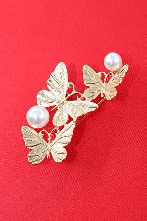 Gold Üçlü Incili Kelebek Broş. Kadın Yaka Iğnesi Broş. Kelebek Incili Broş. Kadın Broş. Gold Broş