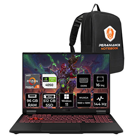 Asus TUF Gaming A16 R5 7535HS 96GB 512GB SSD RTX4050/6GB 140W 144Hz 16'' WUXGA W11H Laptop FA607NU