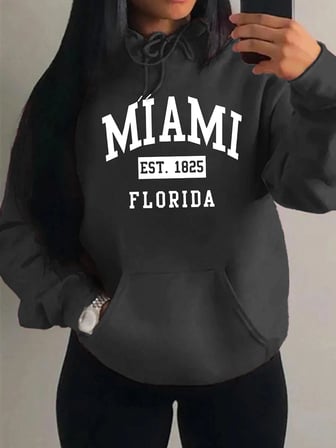 Miami Est 1825 Şehir Sanat Mektup Baskılar Kadın Hoodie Cep Streetwear Harajuku Gevşek Hoody