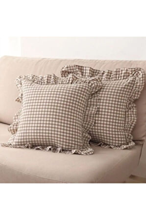 Cappuccino Rengi Vintage Fırfırlı Pötikareli Pamuklu Kırlent Kılıfı Kareli Bohem Kırlent Kılıfı 43X43