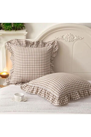 Cappuccino Rengi Vintage Fırfırlı Pötikareli Pamuklu Kırlent Kılıfı Kareli Bohem Kırlent Kılıfı 43X43