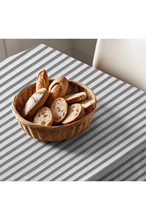 Gri Çizgili Keten Masa Örtüsü