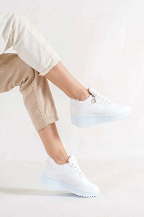 Destry Beyaz Mat Deri Fermuarlı Bağcıklı Kadın Spor Ayakkabı