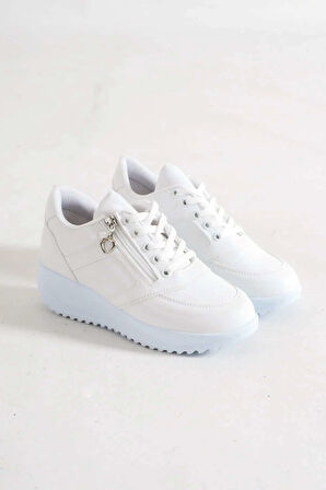 Destry Beyaz Mat Deri Fermuarlı Bağcıklı Kadın Spor Ayakkabı