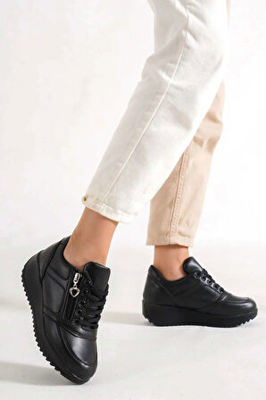 Destry Siyah Mat Deri Fermuarlı Bağcıklı Kadın Spor Ayakkabı