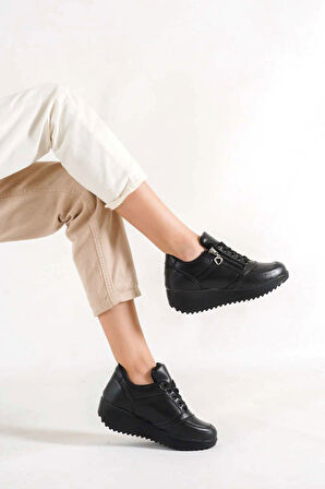 Destry Siyah Mat Deri Fermuarlı Bağcıklı Kadın Spor Ayakkabı