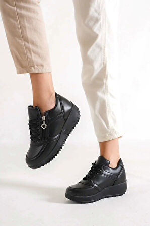 Destry Siyah Mat Deri Fermuarlı Bağcıklı Kadın Spor Ayakkabı