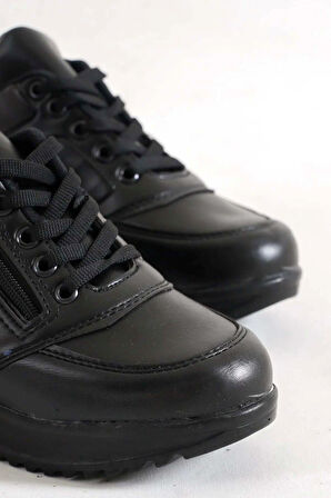 Destry Siyah Mat Deri Fermuarlı Bağcıklı Kadın Spor Ayakkabı