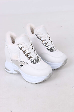 Katle Beyaz Kürklü Gizli Topuklu Kadın Spor Ayakkabı