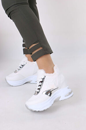 Katle Beyaz Kürklü Gizli Topuklu Kadın Spor Ayakkabı