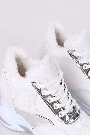 Katle Beyaz Kürklü Gizli Topuklu Kadın Spor Ayakkabı
