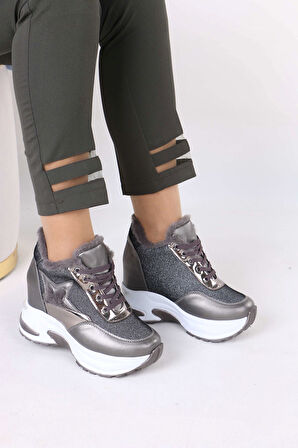 Katle Gri Kürklü Gizli Topuklu Kadın Spor Ayakkabı