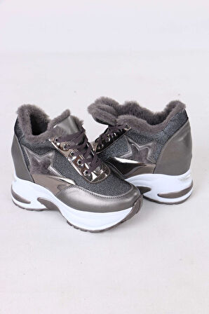 Katle Gri Kürklü Gizli Topuklu Kadın Spor Ayakkabı