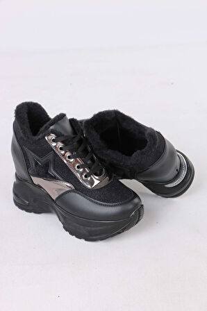Katle Siyah Kürklü Gizli Topuklu Kadın Spor Ayakkabı