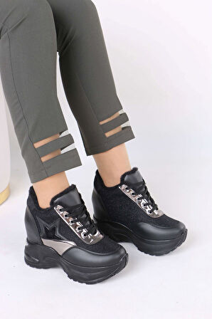 Katle Siyah Kürklü Gizli Topuklu Kadın Spor Ayakkabı