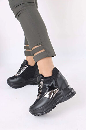 Katle Siyah Kürklü Gizli Topuklu Kadın Spor Ayakkabı