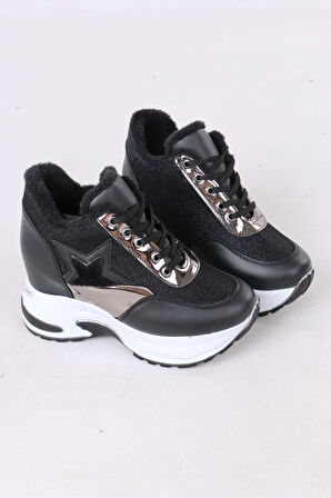 Katle Siyah Beyaz Taban Kürklü Gizli Topuklu Kadın Spor Ayakkabı