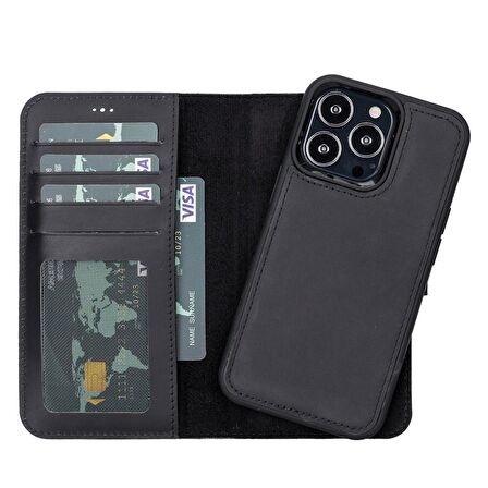 Smcase iPhone 13 Pro Kılıf Hakiki Deri 2-1 Kartlıklı Cüzdan