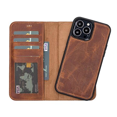 Smcase iPhone 13 Pro Kılıf Hakiki Deri 2-1 Kartlıklı Cüzdan