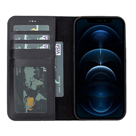 Smcase iPhone 12 Pro Max Kılıf Hakiki Deri 2-1 Kartlıklı Cüzdan