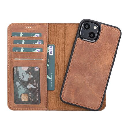 Smcase iPhone 13 Kılıf Hakiki Deri 2-1 Kartlıklı Cüzdan