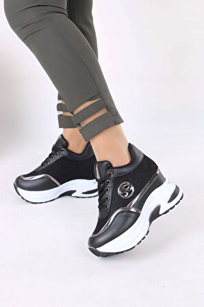 Karlis Siyah Beyaz Taban Kürklü Gizli Topuklu Kadın Spor Ayakkabı