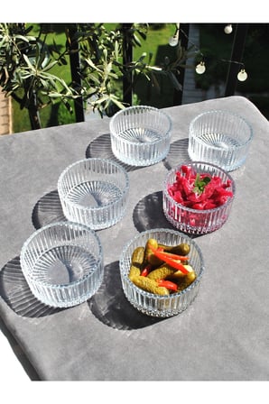 6 Adet Cam Kase Çizgili Kahvaltılık Meze Kasesi Çerezlik Şekerlik 10 cm