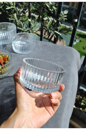 6 Adet Cam Kase Çizgili Kahvaltılık Meze Kasesi Çerezlik Şekerlik 10 cm