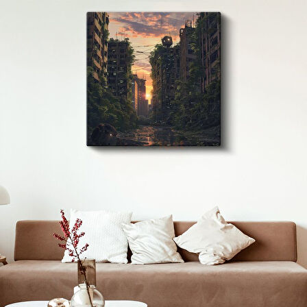 Distopik Gün Batımı - Yeşillenen Şehir Anime Kanvas Tablo