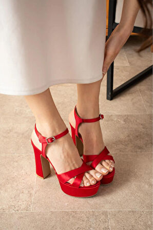 Luned Kırmızı Saten Platform Topuklu Kadın Ayakkabı