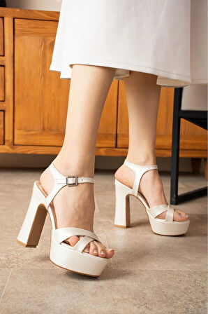 Luned Bej Saten Platform Topuklu Kadın Ayakkabı