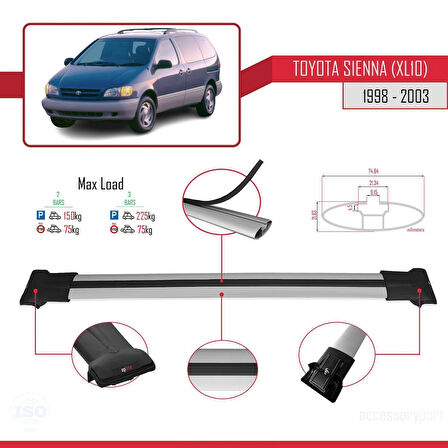 Toyota Sienna (XL10) 1998-2003 Arası ile Uyumlu FLY Model Ara Atkı Tavan Barı Gri 2 Adet