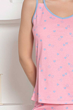Kadın Kalp Desen Askılı %100 Pamuk Mini Şortlu Pijama Takımı