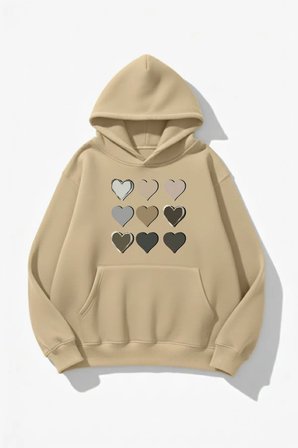 Unisex Yumuşak Dokulu 9'lu Kalp Baskılı Tasarım Oversize 3 İplik Hoodie Sweatshirt