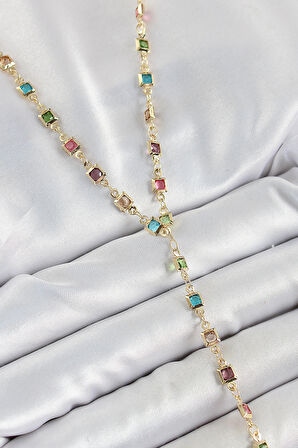 Pirinç Asorti Kare Model Gold Renk Zirkon Taşlı Y Kolye