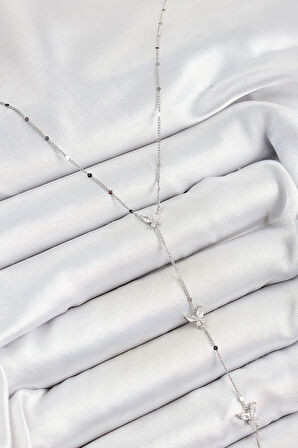 Pirinç Zirkon Taşlı Sıralı Kelebek Figürlü Y Model Gümüş Renk Kadın Kolye