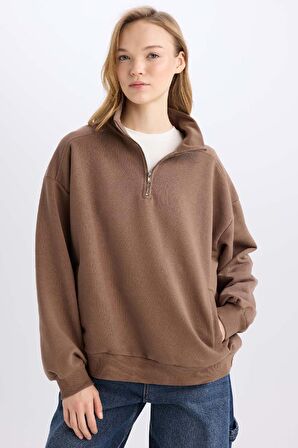 DeFacto Oversize Geniş Kalıp Fermuarlı Dik Yaka Cepli Basic Düz Kalın Sweatshirt D7206AX24WNBN534