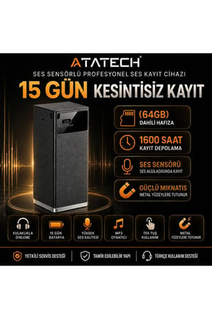 64GB Mini Ses Kayıt Cihazı Diktafon 1600 Saat Hafıza 15 Gün Batarya Mıknatıslı