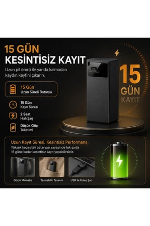 64GB Mini Ses Kayıt Cihazı Diktafon 1600 Saat Hafıza 15 Gün Batarya Mıknatıslı