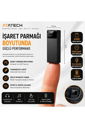 64GB Mini Ses Kayıt Cihazı Diktafon 1600 Saat Hafıza 15 Gün Batarya Mıknatıslı