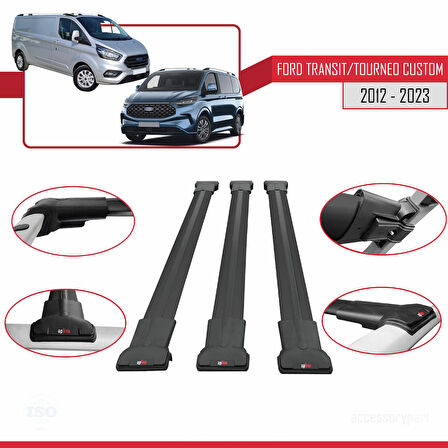 Ford Transit/Tourneo Custom 2012-2023 Arası ile Uyumlu FLY Model Ara Atkı Tavan Barı Siyah 3 Adet
