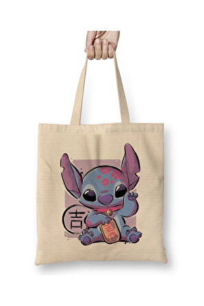 Maneki Stitch Beyaz Bez Çanta Uzun Saplı Alışveriş Çantası Plaj Çantası