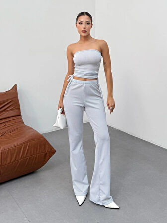 Kadın Üstü Büzgülü Çizgili 2’li Takım