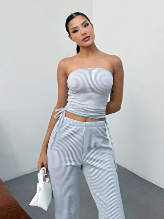 Kadın Üstü Büzgülü Çizgili 2’li Takım