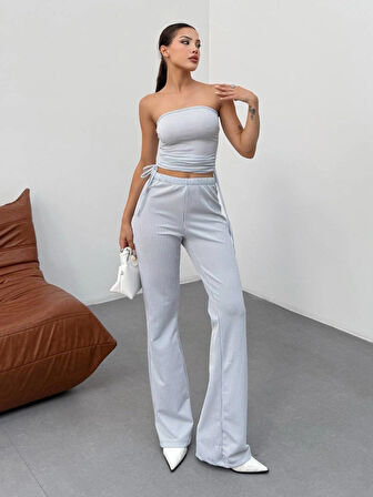 Kadın Üstü Büzgülü Çizgili 2’li Takım