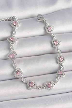 Pirinç Gümüş Renk Zirkon Taşlı Pembe Kalp Model VIP Seri Kadın Bileklik