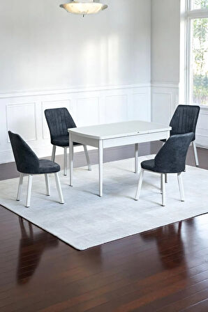 Florn Beyaz 80 x 132 Açılabilen MDF Masa Metal Ayaklı Mutfak Masası Takımı 4 Füme Desen Sandalye